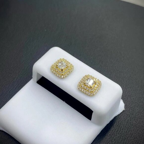 Baby Womens  Square Stud Earrings 14K Real Gold Push Back Baguette 2 Row CZ - Picture 2 of 6